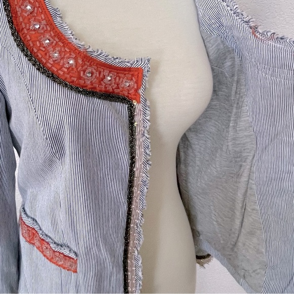 NWOT-Free People My Fair Lady embellished   trim blue pinstripe cropped jacket - Picture 6 of 9